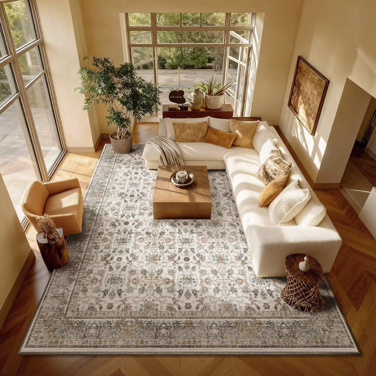 Washable 10x14 Area Rugs for Living Room, Ivory/Sage Gold