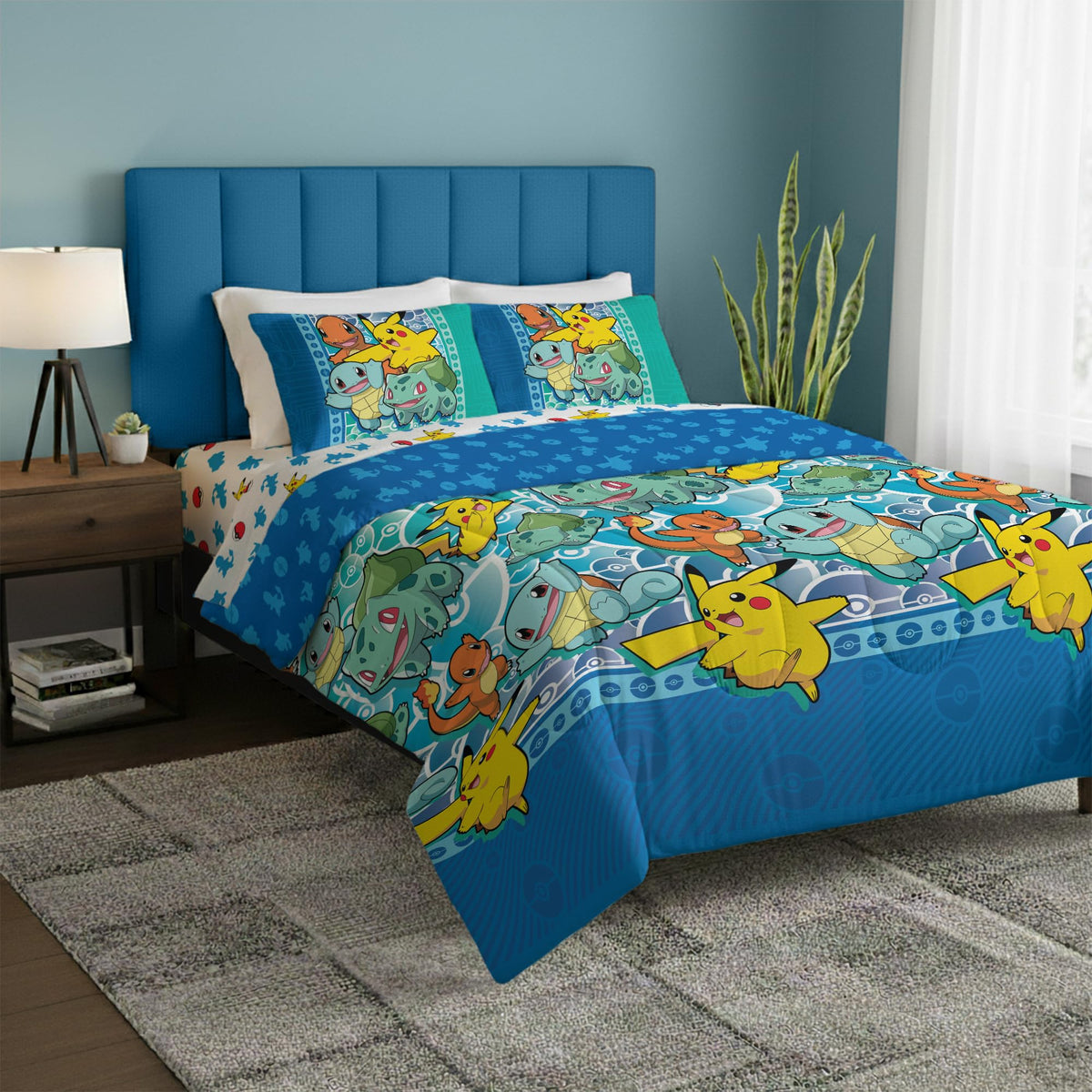 Northwest Pokemon First Starters Full Size Bed in a Bag Set, Pikachu Charmander Squirtle Bulbasaur, Kids Boys Girls Bedding Comforter Sheets