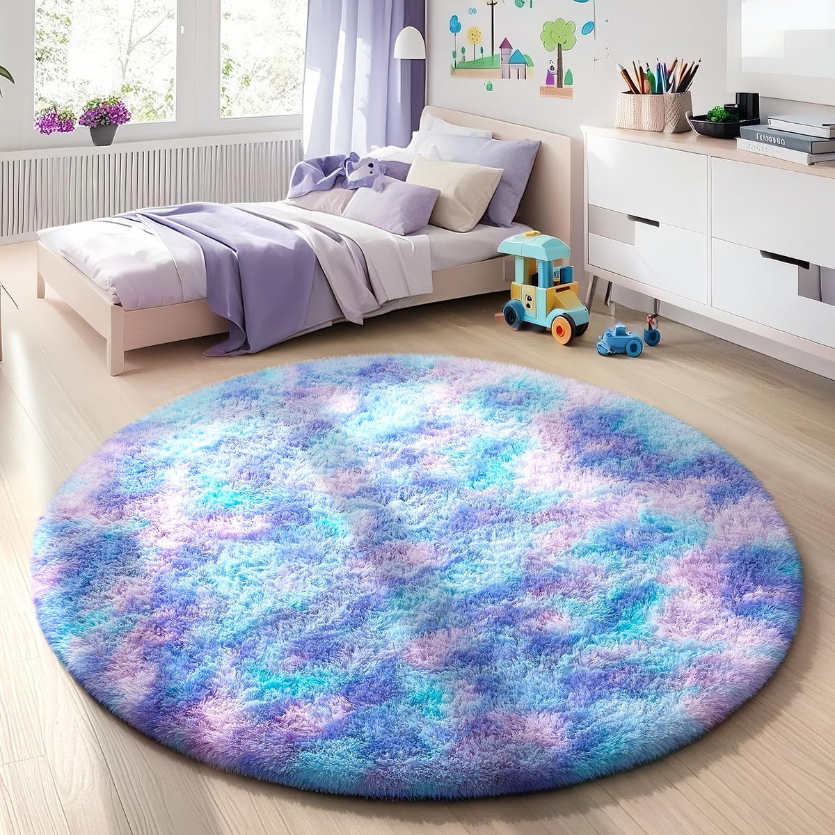 Ophanie Round Rugs 5Ft Ivory Circle Area Rug,Baby Nursery Living Room Bedroom Decor Circular Carpet 5 Foot,Fluffy Fuzzy Shag Plush Cream for Kids Boys Girls Teen with Over 99 pcs Pile fibers
