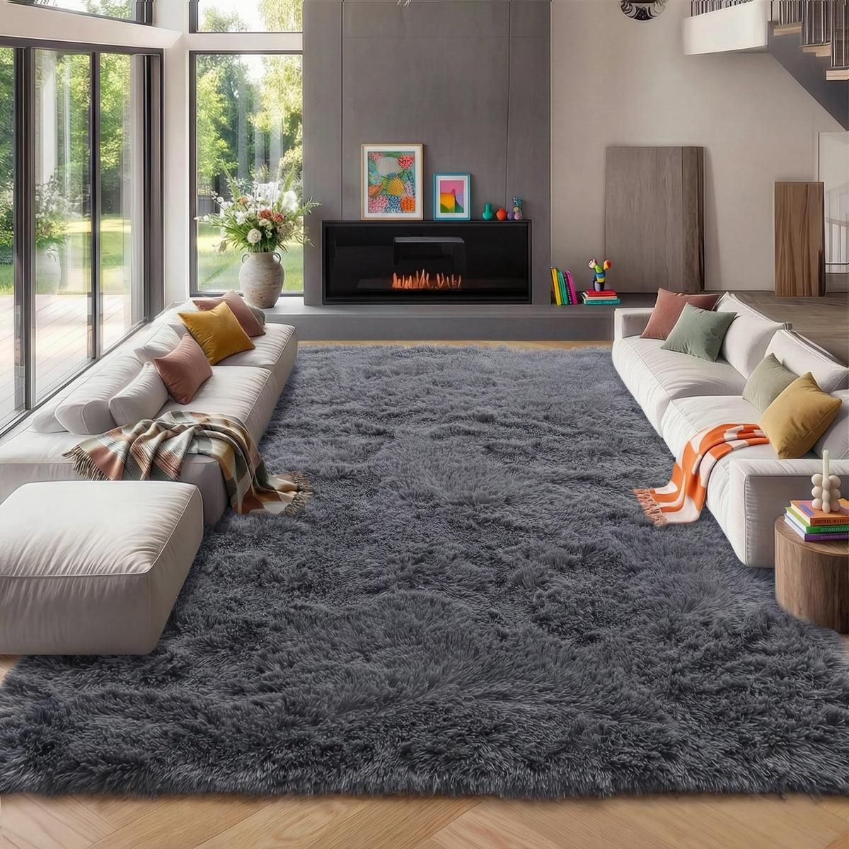 Area Rugs for Bedroom Living Room, 4x6 Fluffy Grey and Black Geometric Rug