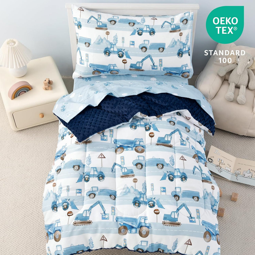 PHF 4 Piece Minky Toddler Bedding Set, Ultra Soft Fluffy Skin-Friendly Soothing Minky Dot Toddler Comforter Set, Unique Pattern Breathable All Season Bedding Set for Boys,Truck