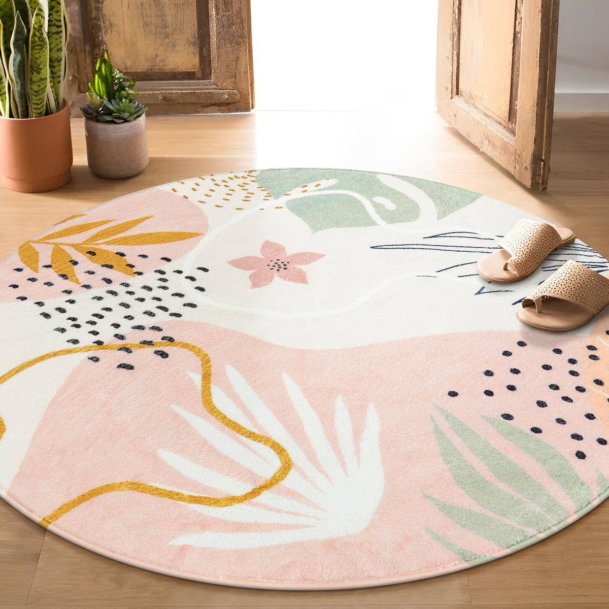 Lahome Pink Boho Nursery Rug 4x6, Washable Non Slip Soft Botanical Area Rug for Girls Bedroom Kids Room Playroom Dorm Apartment Decor