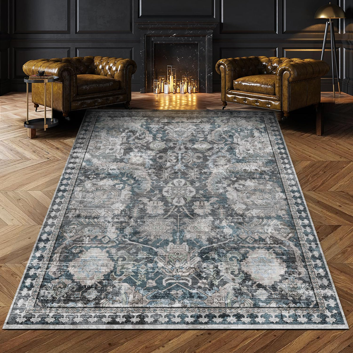 RUGSURE Washable Area Rug - 1/6 Thick - Stain & Water Resistant Non-Slip - Resistant Rug for Living Room, Bedroom, Nursery, Pet & Child Friendly, Vintage Charm Area Rugs (Grey+LightTeal, 3' x 5 ')