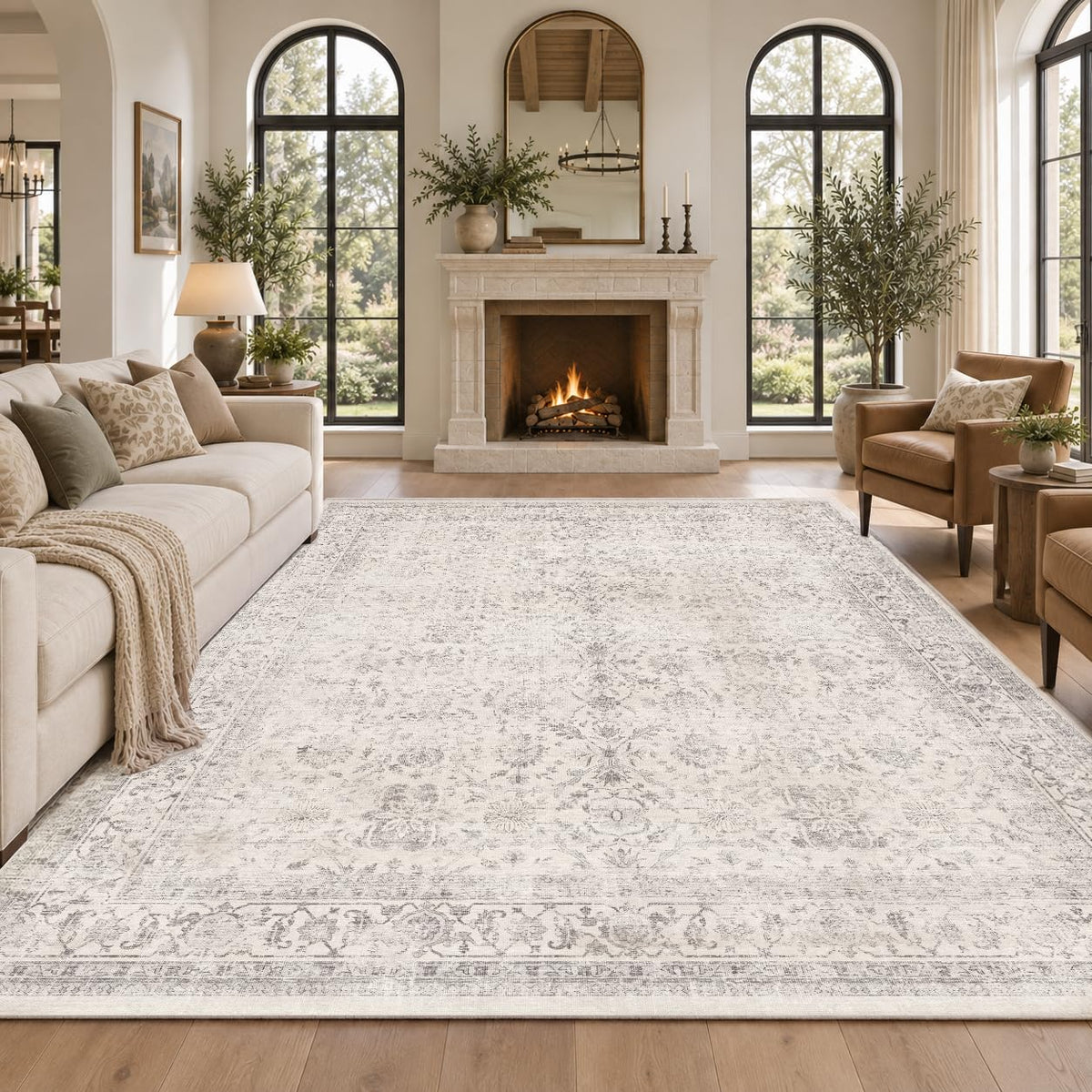FMFUNCTEX 5x7 Washable Beige Neutral Vintage Retro Area Rug for Living Room
