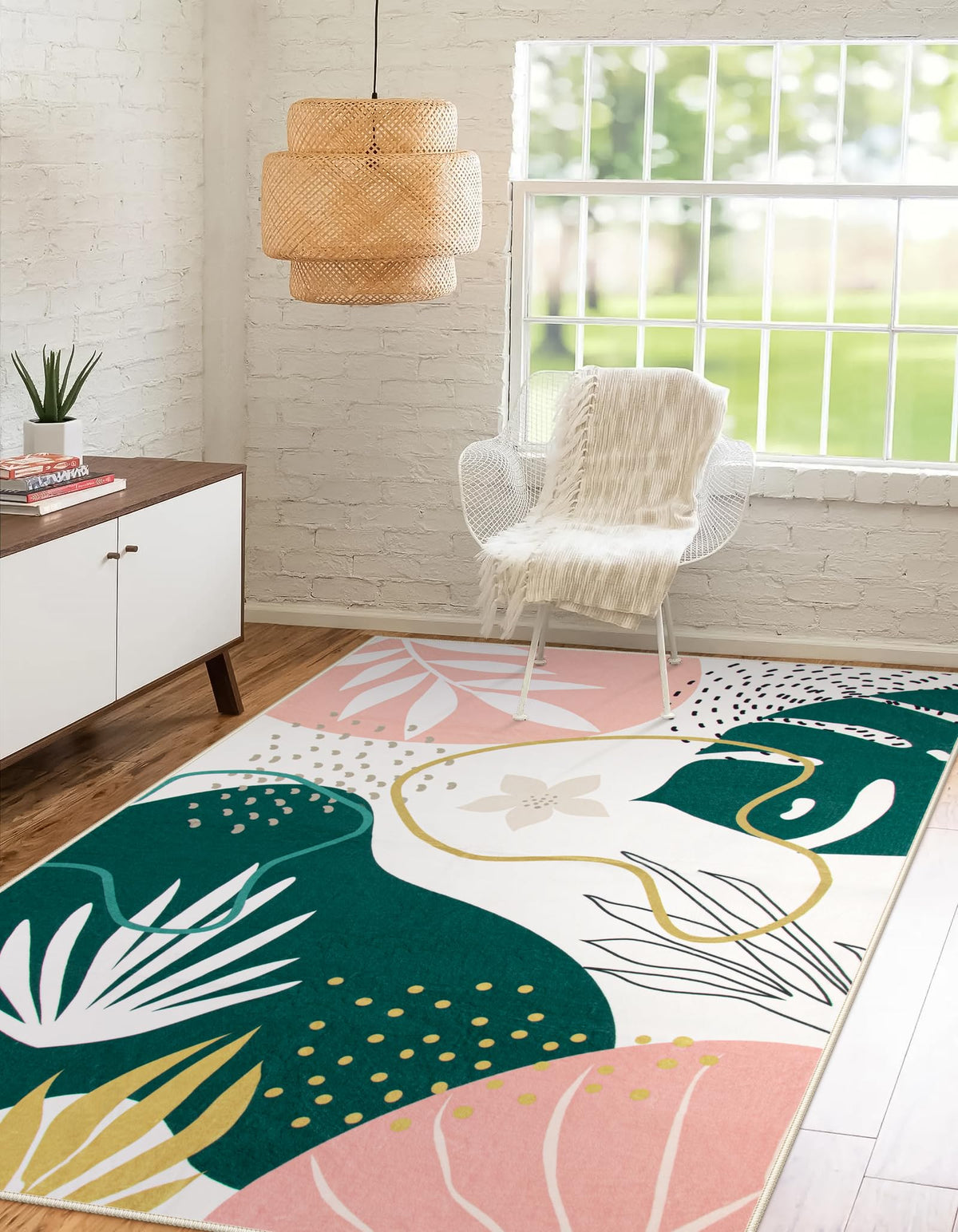 Lahome Pink Boho Nursery Rug 4x6, Washable Non Slip Soft Botanical Area Rug for Girls Bedroom Kids Room Playroom Dorm Apartment Decor