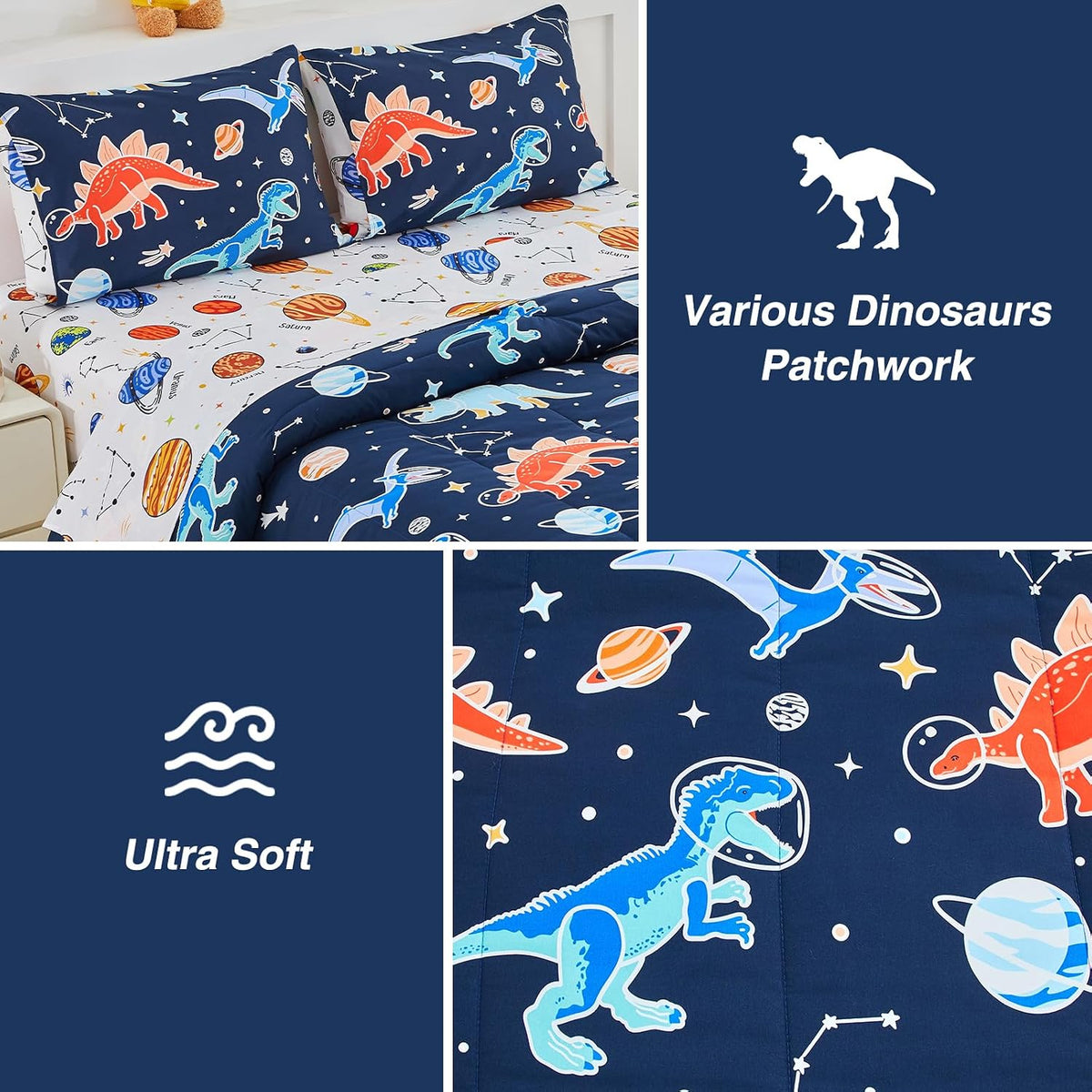 A Nice Night 5pc Glow in The Dark Dinosaur Kids Queen Comforter Sets