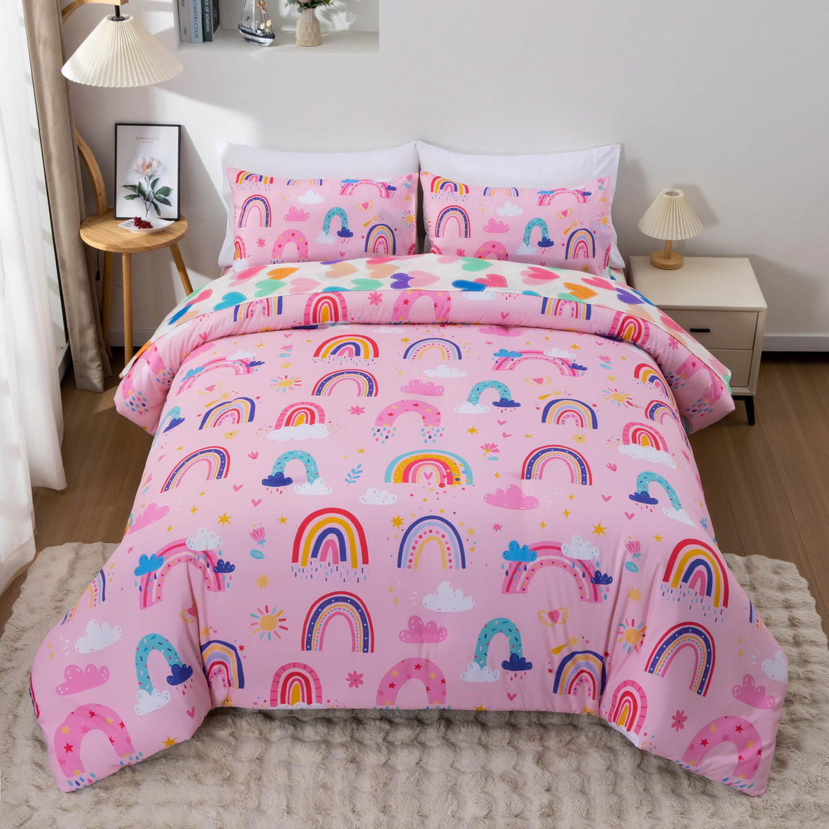 Btargot 5 Piece Full Size Pink Rainbow Comforter Set for Girls Boys Kids, Cartoon Cartoon Butterfly Bedding Set, Bed in a Bag with Comforter, Sheets and Pillowcases