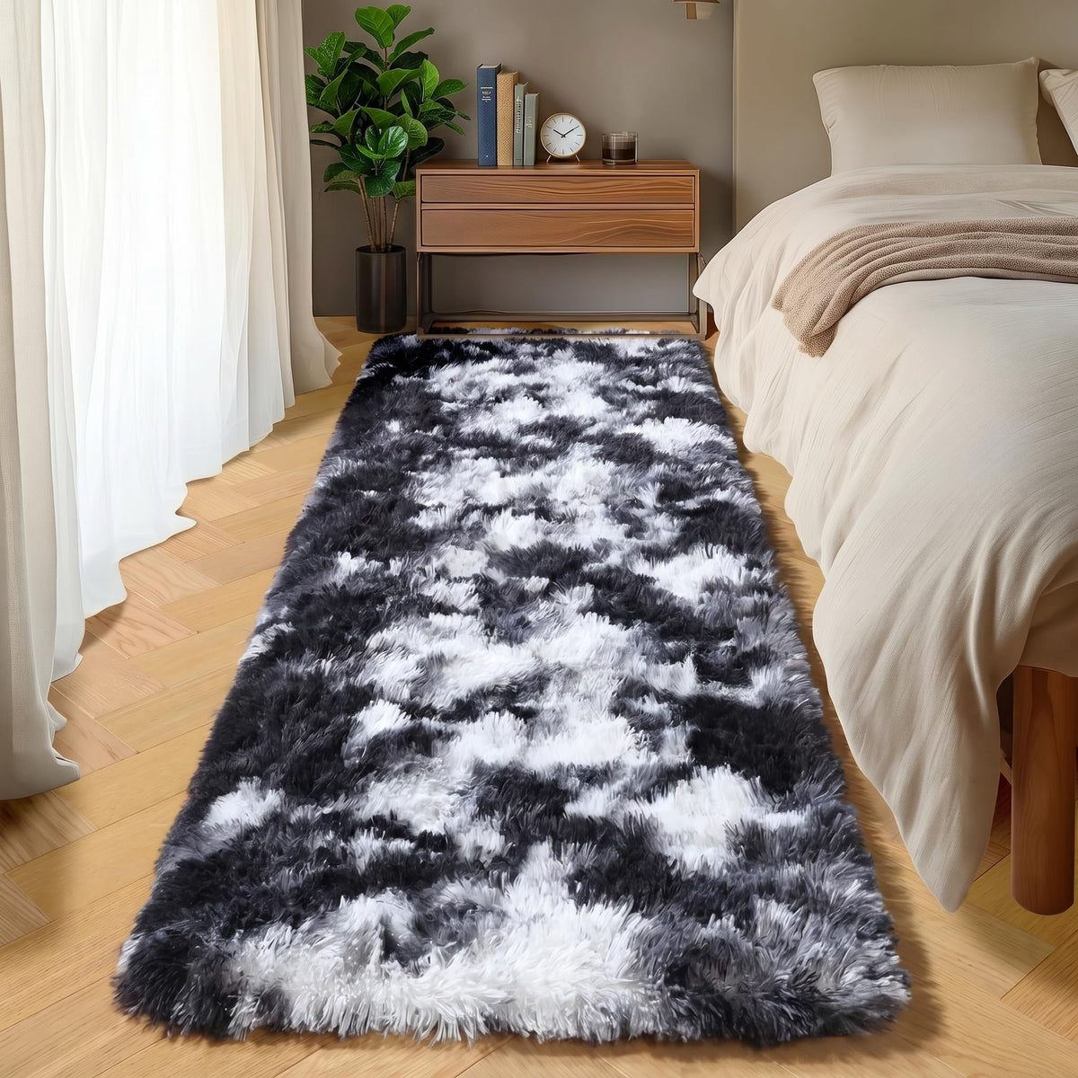 Area Rugs for Bedroom Living Room, 4x6 Fluffy Grey and Black Geometric Rug