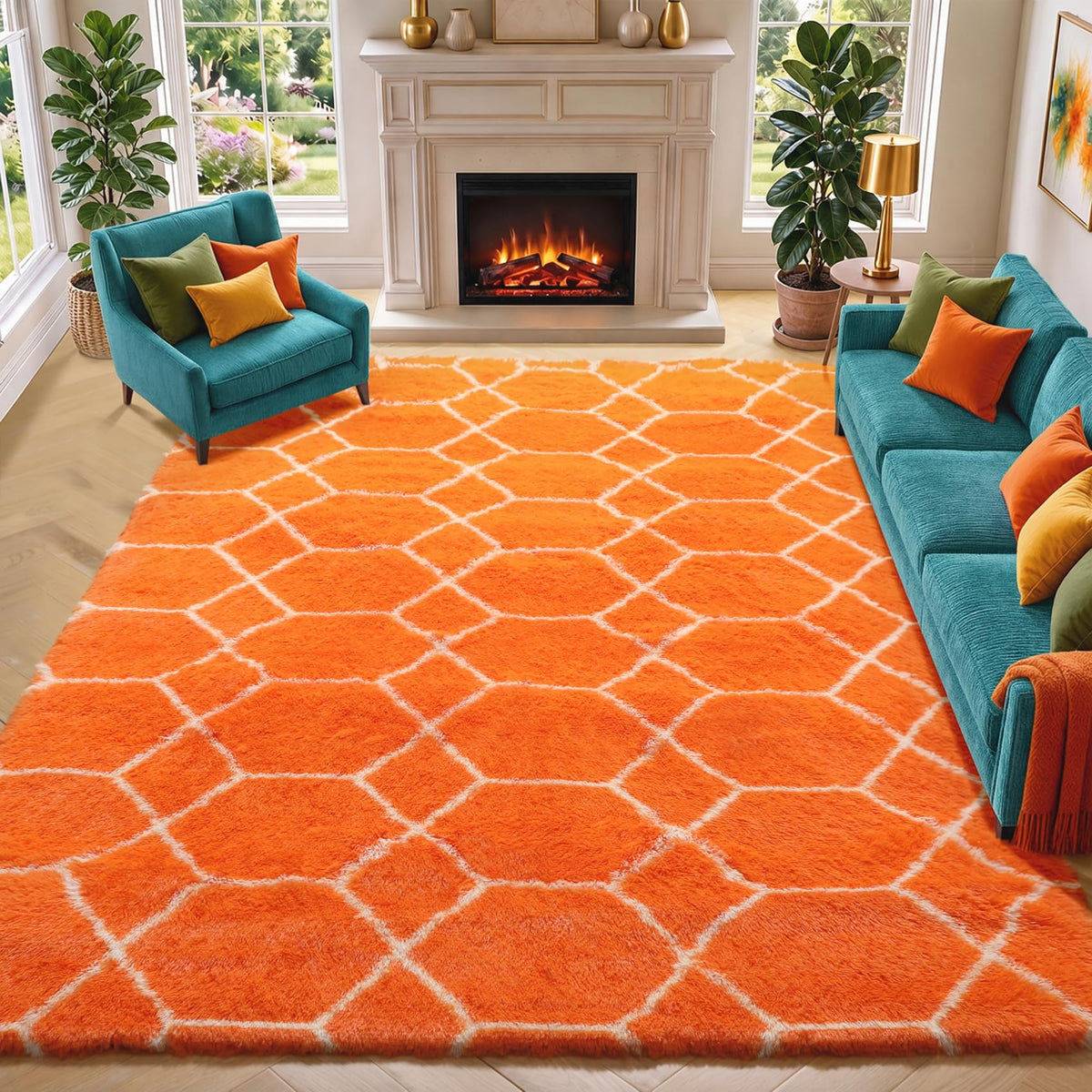 Area Rugs for Bedroom Living Room, 4x6 Fluffy Grey and Black Geometric Rug