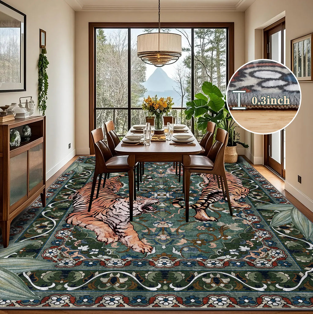 Geanup Tiger Area Rug - Green, Washable, Non-Slip, Soft Botanical Low-Pile Decorative Animal Floor Rug for Living Room House Decor, Area Rugs