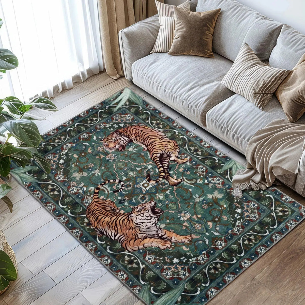 Geanup Tiger Area Rug - Green, Washable, Non-Slip, Soft Botanical Low-Pile Decorative Animal Floor Rug for Living Room House Decor, Area Rugs