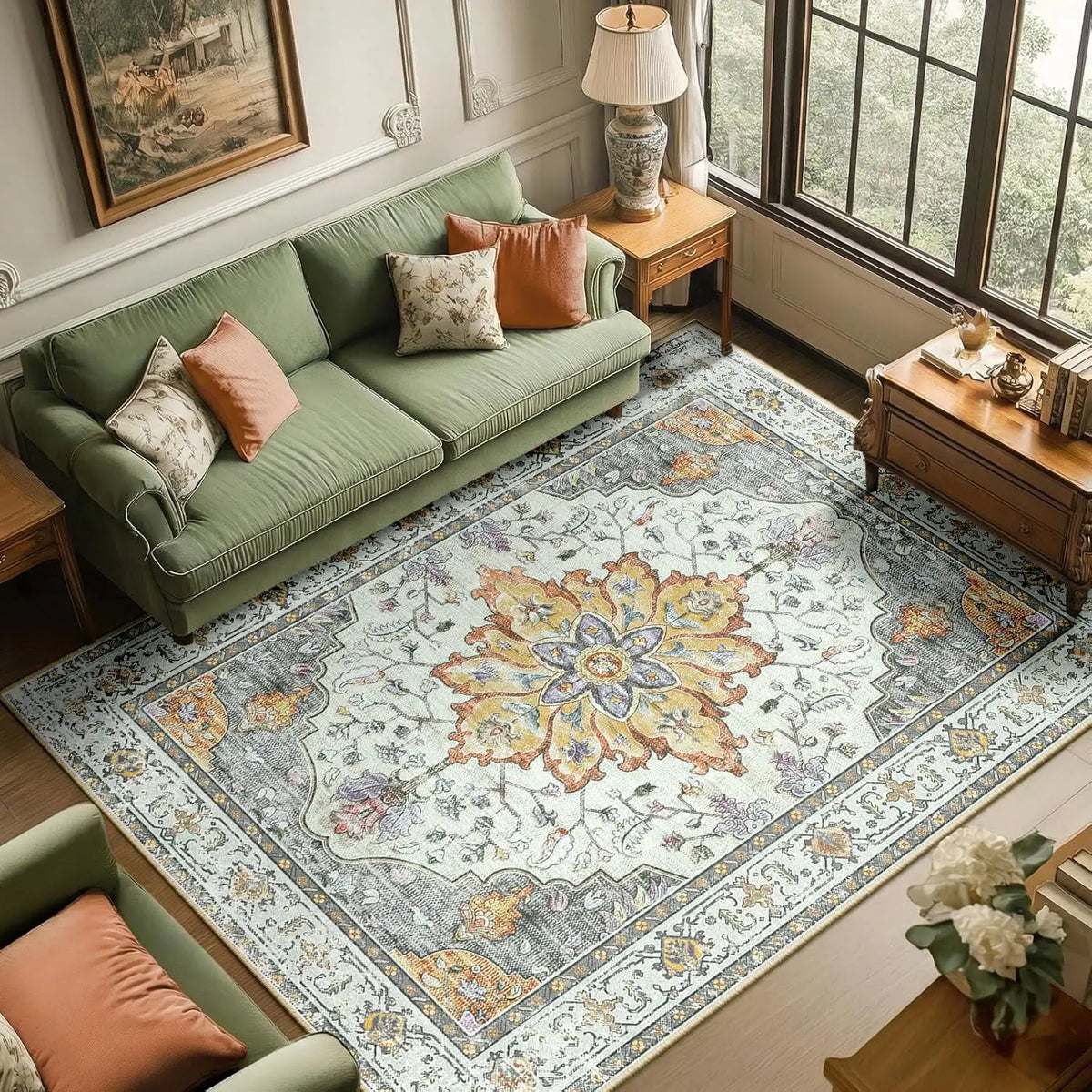 BESTSWEETIE Indoor Area Rugs - 8x10/9x12/10x14 Large Geometric Boho Rugs, Soft Faux Wool Low-Pile, Machine Washable, Non-Slip, Wrinkle Resistant, Print, Easy-Maintenance Distressed Western Carpets for Living Room Decor & Bedroom, Home Essentials
