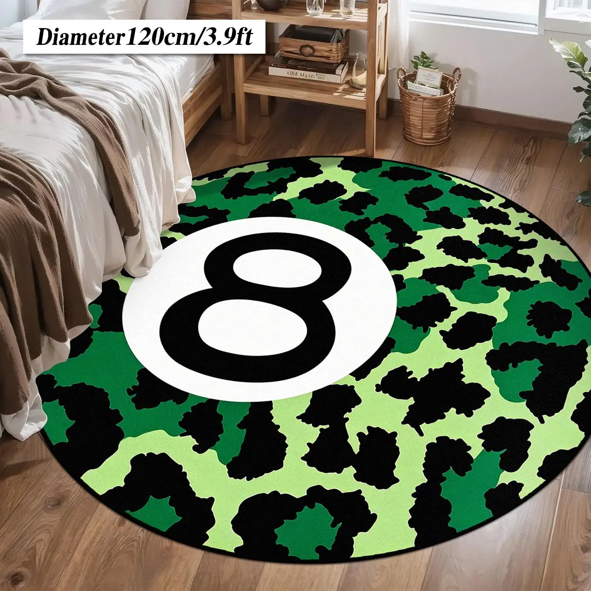 8 Ball Leopard Print Round Rug for Game Room, Man Cave, Dorm & Teen Bedroom, Soft Non-Slip Round Accent Rug, Anti Skid Rug, Perfect Retro Gift