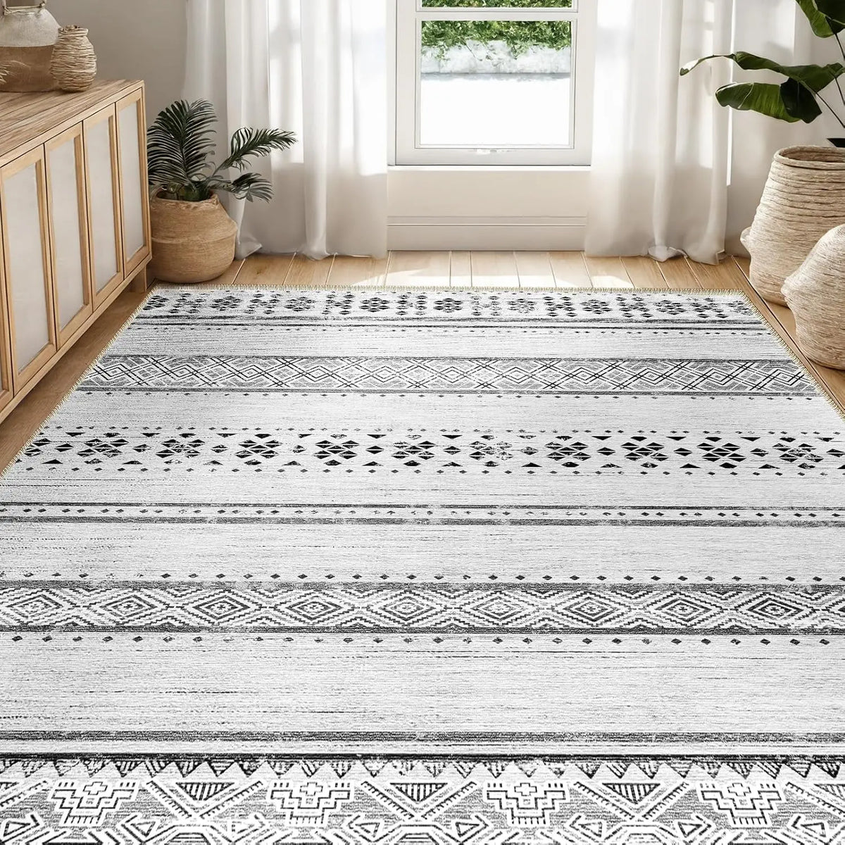 BESTSWEETIE Indoor Area Rugs - 8x10/9x12/10x14 Large Geometric Boho Rugs, Soft Faux Wool Low-Pile, Machine Washable, Non-Slip, Wrinkle Resistant, Print, Easy-Maintenance Distressed Western Carpets for Living Room Decor & Bedroom, Home Essentials