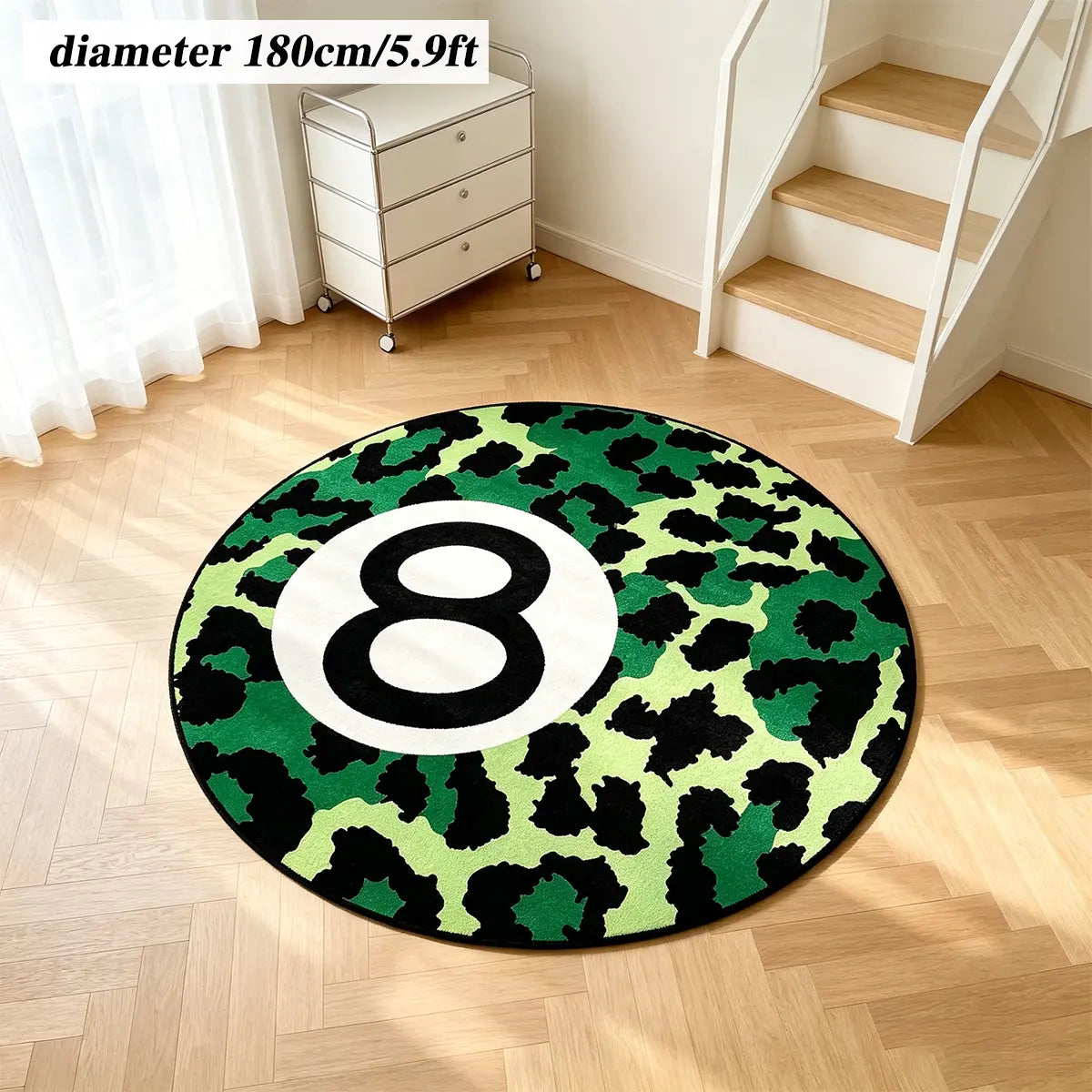 8 Ball Leopard Print Round Rug for Game Room, Man Cave, Dorm & Teen Bedroom, Soft Non-Slip Round Accent Rug, Anti Skid Rug, Perfect Retro Gift
