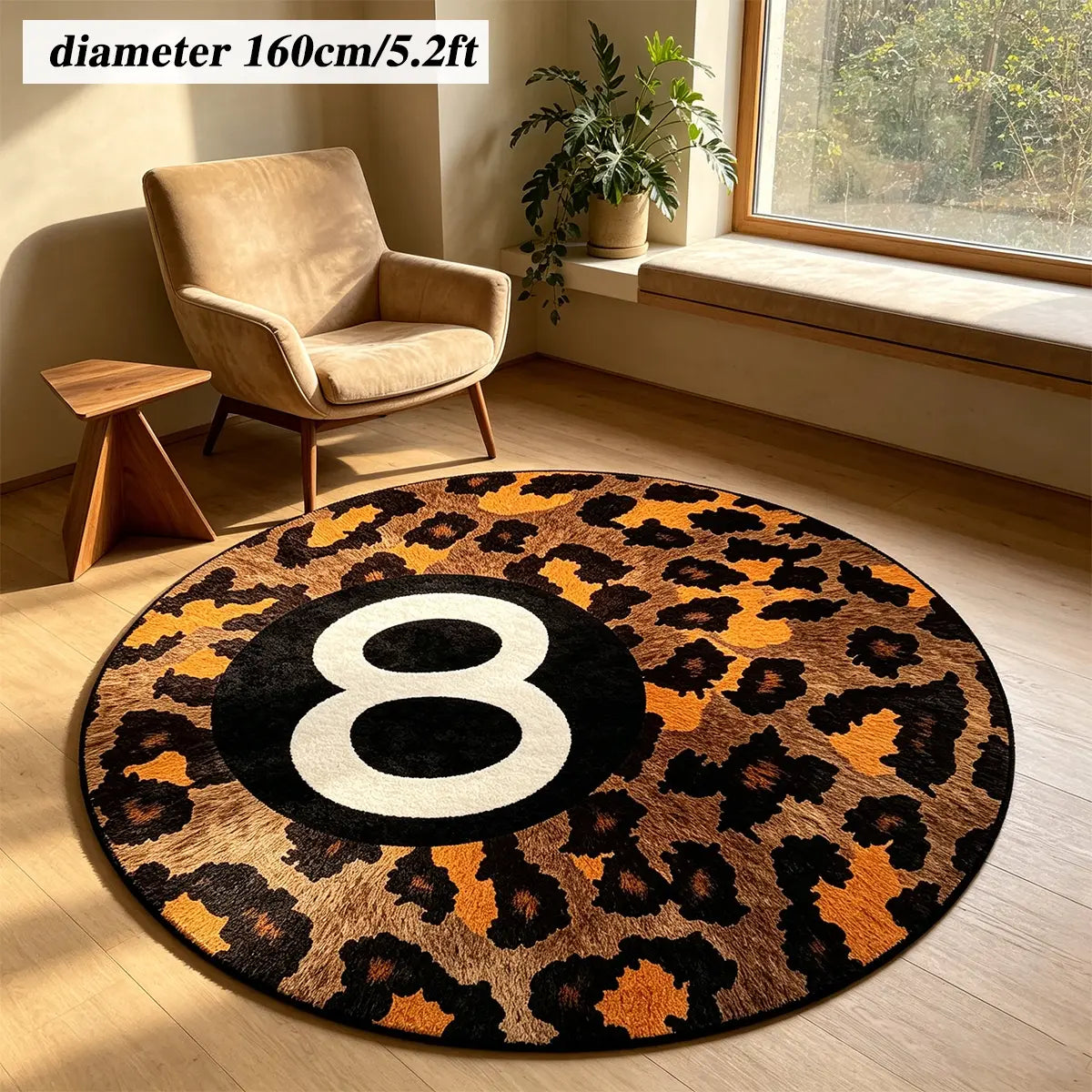 8 Ball Leopard Print Round Rug for Game Room, Man Cave, Dorm & Teen Bedroom, Soft Non-Slip Round Accent Rug, Anti Skid Rug, Perfect Retro Gift