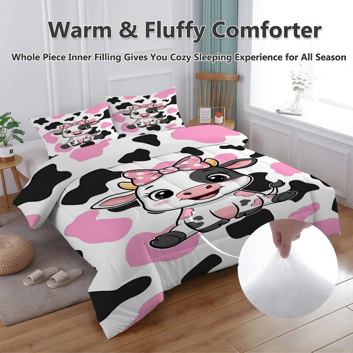 2/3pcs Beautiful Comforter Set - Adorable Cow Print Comforter Set, Playful Animal Pattern Bedding Set for Kids & Teens, Soft & Cozy Aesthetic Bedroom Decor, Easy Care Breathable Comforter Set for Stylish Home Makeover Pillow Insert Not Included