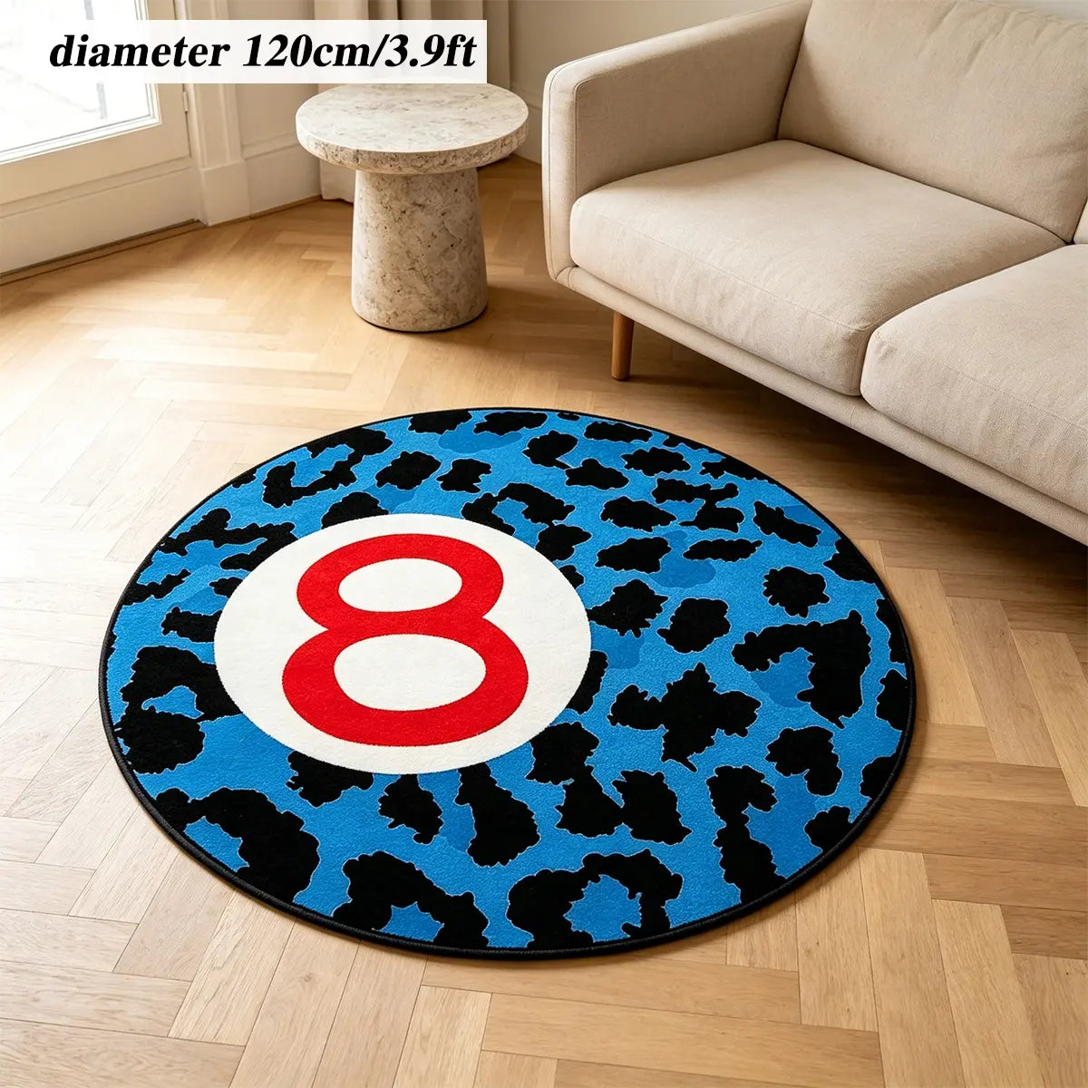 8 Ball Leopard Print Round Rug for Game Room, Man Cave, Dorm & Teen Bedroom, Soft Non-Slip Round Accent Rug, Anti Skid Rug, Perfect Retro Gift