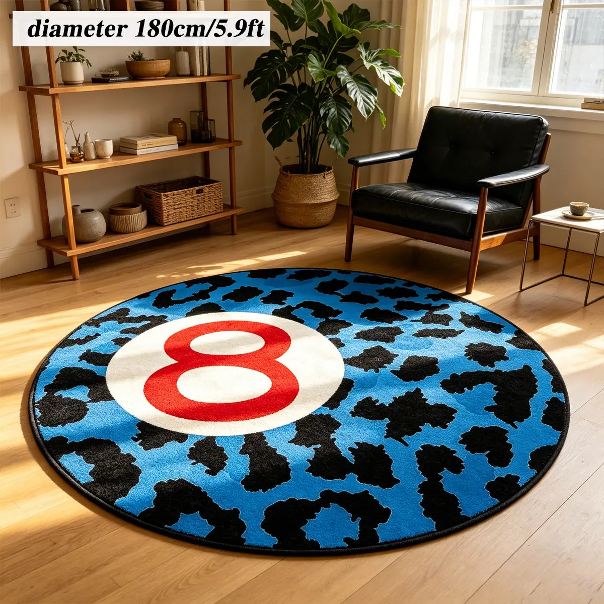 8 Ball Leopard Print Round Rug for Game Room, Man Cave, Dorm & Teen Bedroom, Soft Non-Slip Round Accent Rug, Anti Skid Rug, Perfect Retro Gift