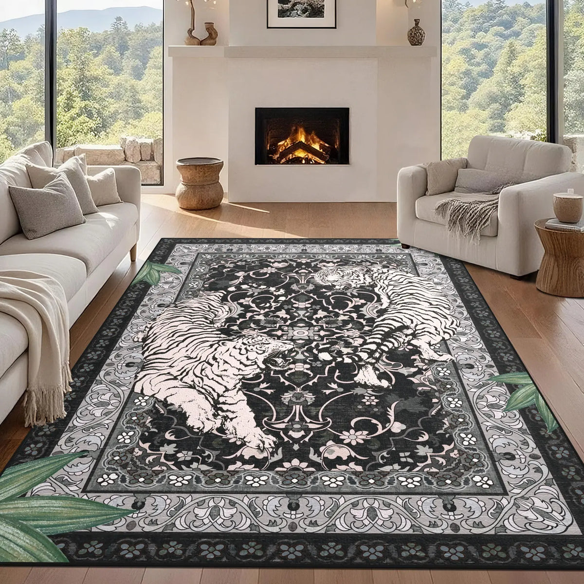 Geanup Tiger Area Rug - Green, Washable, Non-Slip, Soft Botanical Low-Pile Decorative Animal Floor Rug for Living Room House Decor, Area Rugs