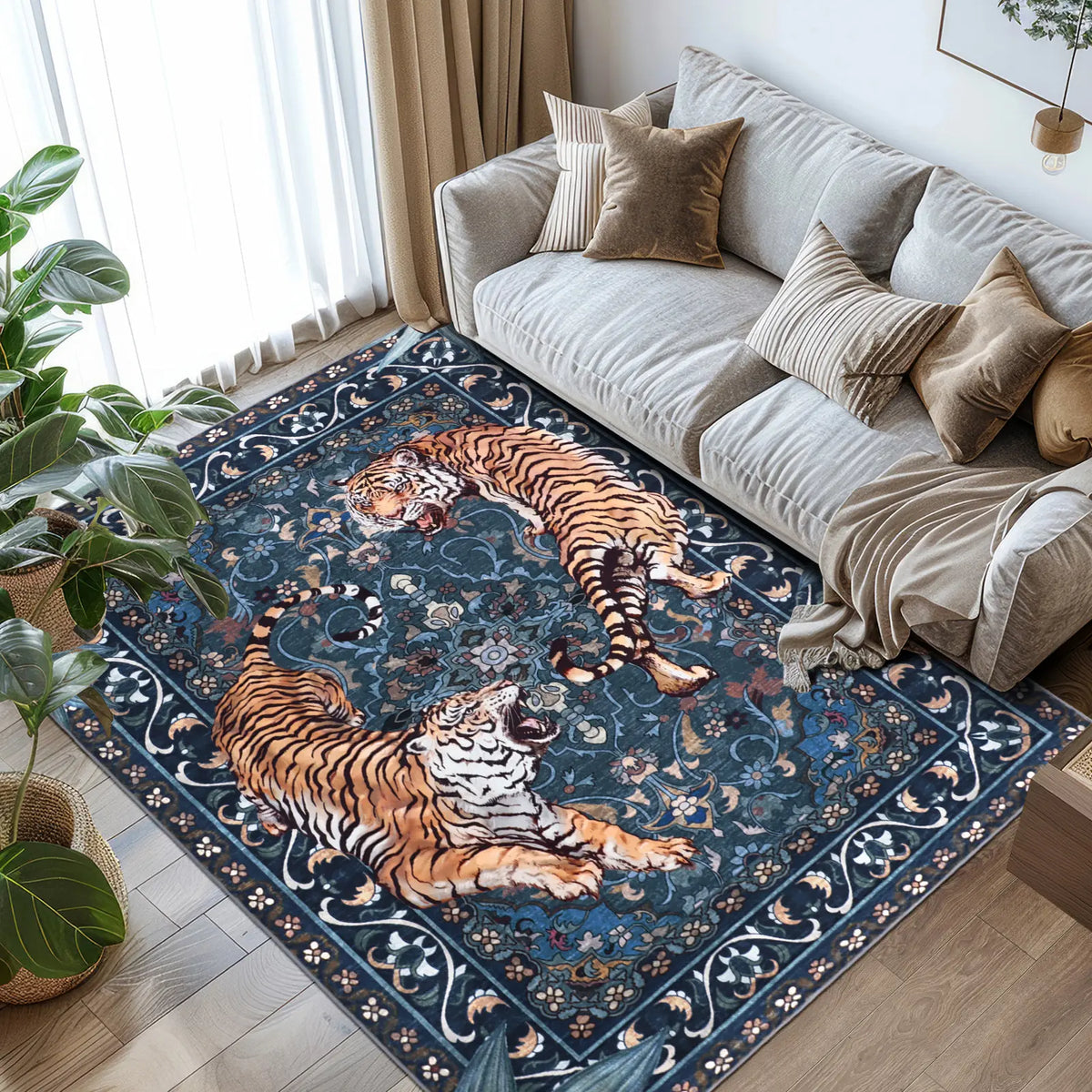 Geanup Tiger Area Rug - Green, Washable, Non-Slip, Soft Botanical Low-Pile Decorative Animal Floor Rug for Living Room House Decor, Area Rugs