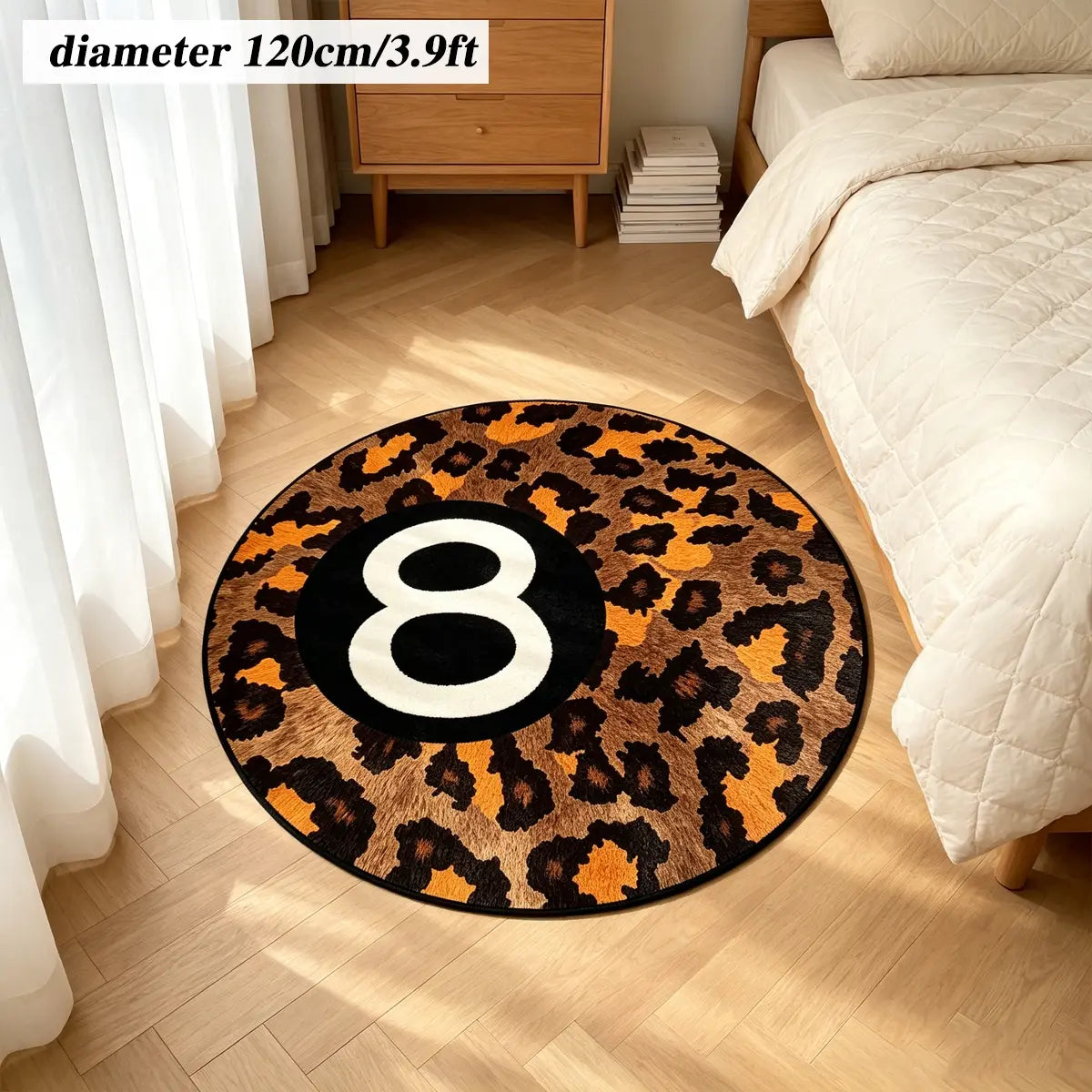 8 Ball Leopard Print Round Rug for Game Room, Man Cave, Dorm & Teen Bedroom, Soft Non-Slip Round Accent Rug, Anti Skid Rug, Perfect Retro Gift