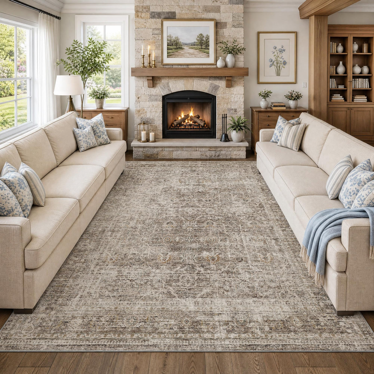 FMFUNCTEX 5x7 Washable Beige Neutral Vintage Retro Area Rug for Living Room