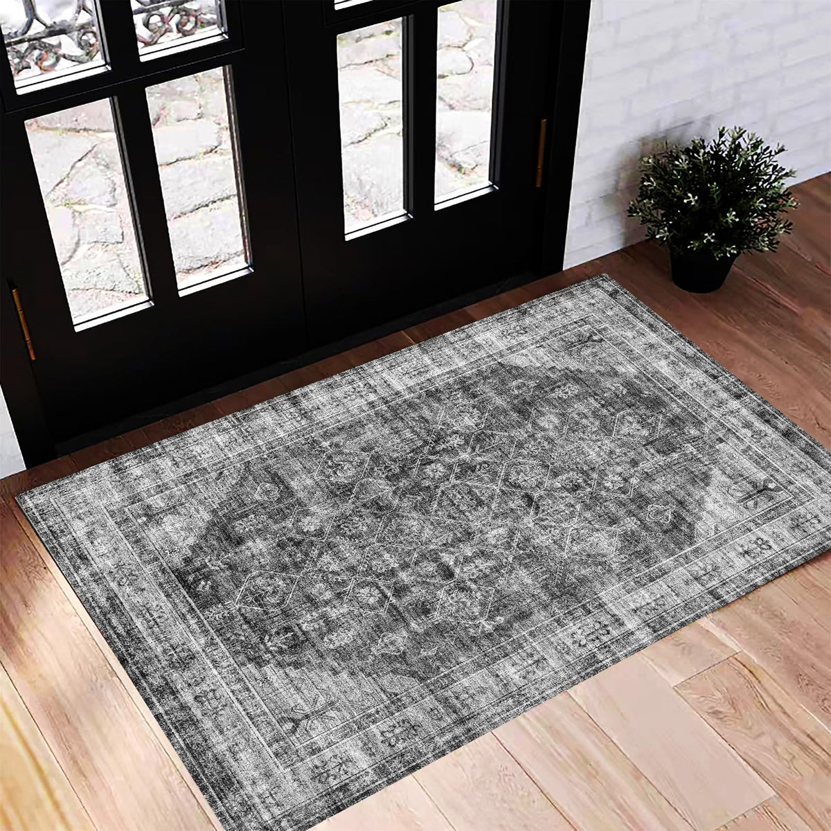 CHAMPLANT Area Rug 4x6 Washable Rug Gray Vintage Traditional Floor Cover Foldable Thin Retro Accent Indoor Distressed Non Slip Carpet Floral Print Mat Bedroom Living Room Bathroom