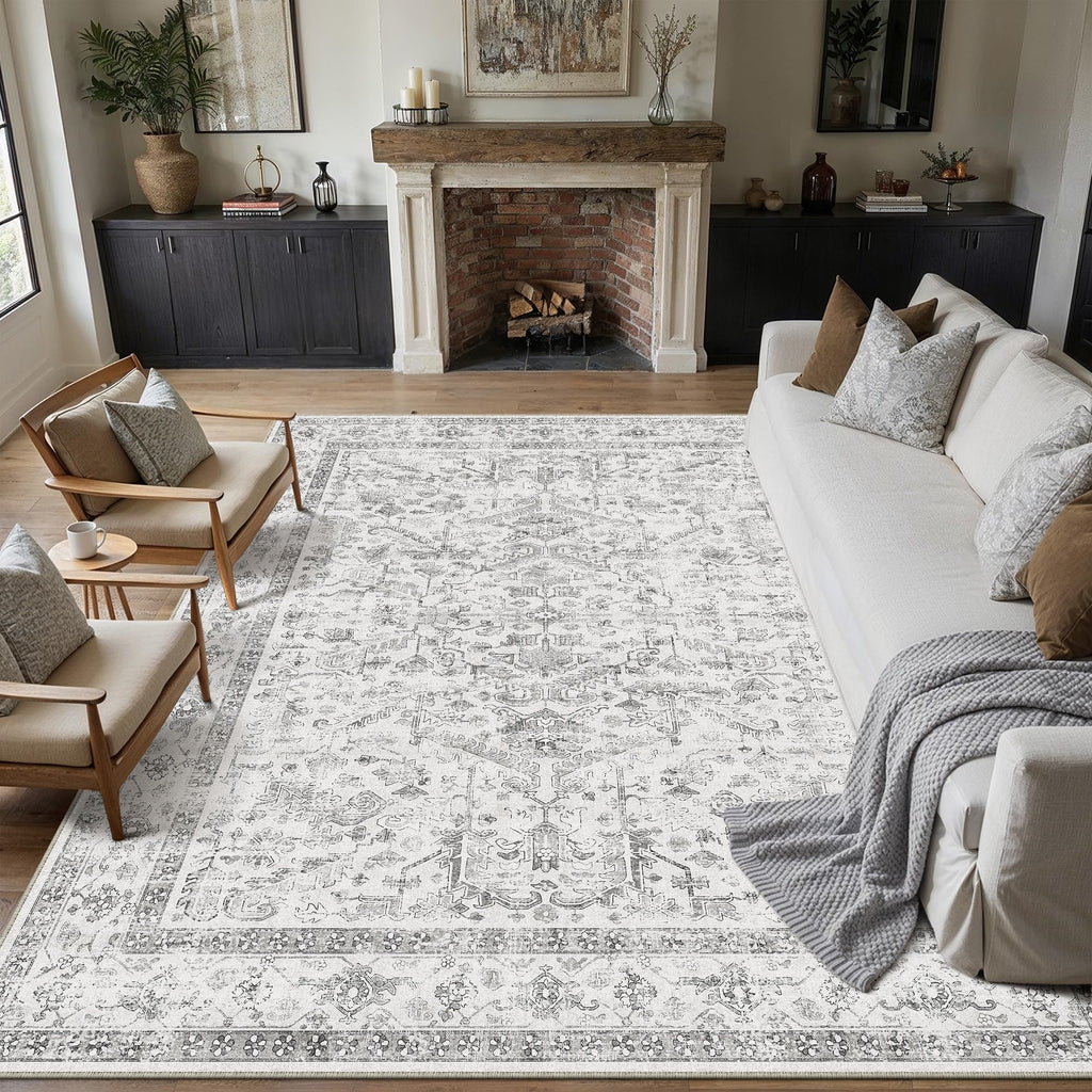 PureCozy Beige Area Rug 5x7 Vintage Farmhouse Floral