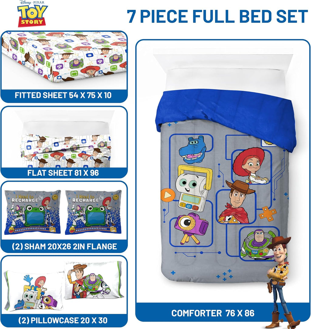 Jay Franco Kids Comforter Set Includes Sheets and Pillow Covers - Soft and Cozy Bed Set for Stylish Room Decor, Official Licensed Bedding, Grey - Toy Story, 7 Piece Full