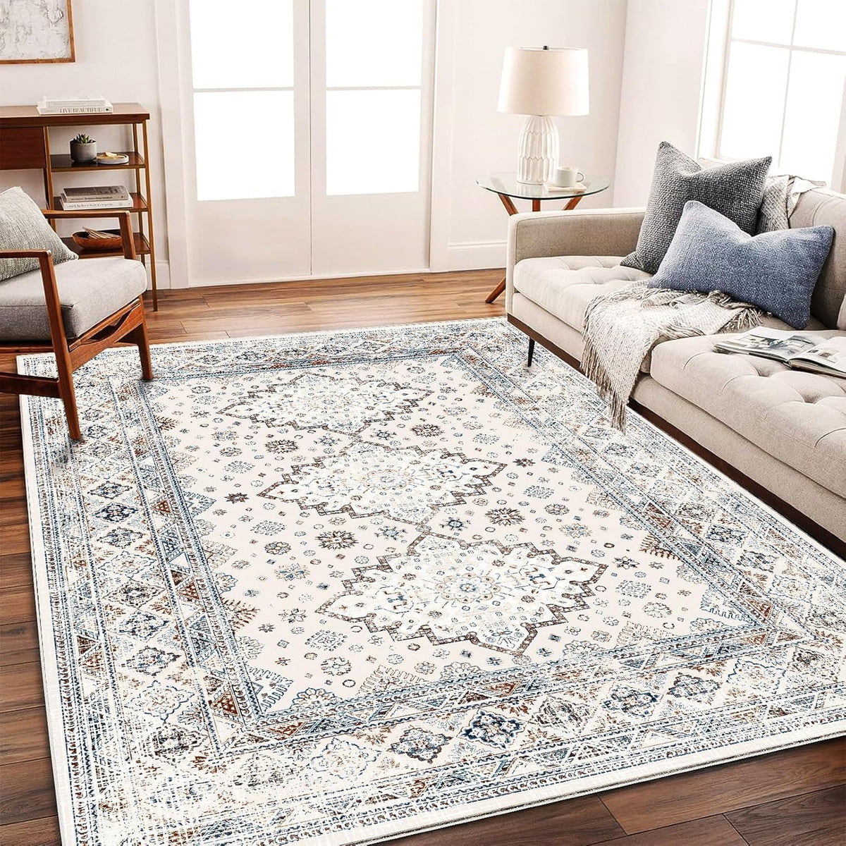 CHAMPLANT Area Rug 4x6 Washable Rug Gray Vintage Traditional Floor Cover Foldable Thin Retro Accent Indoor Distressed Non Slip Carpet Floral Print Mat Bedroom Living Room Bathroom