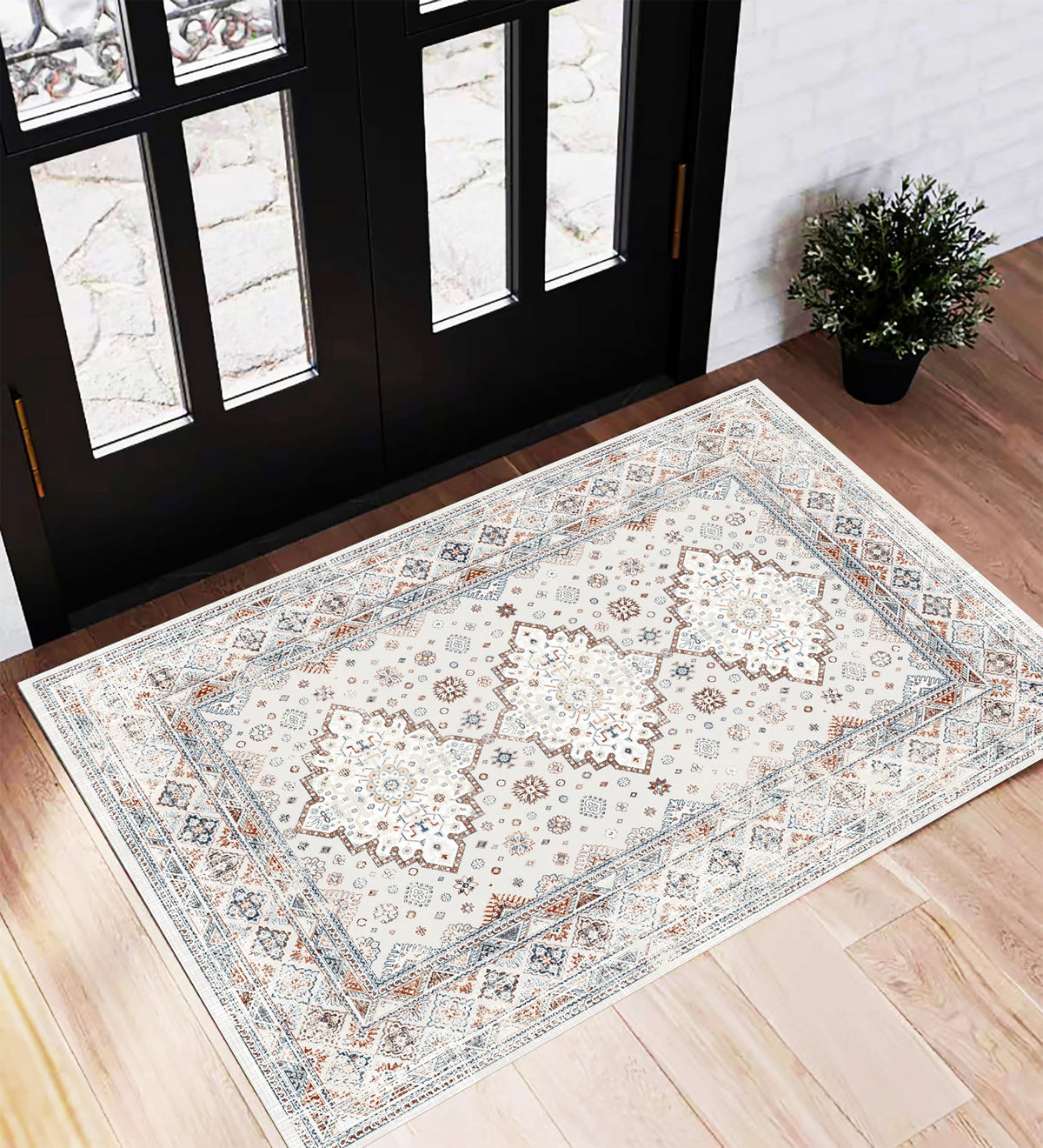 CHAMPLANT Area Rug 4x6 Washable Rug Gray Vintage Traditional Floor Cover Foldable Thin Retro Accent Indoor Distressed Non Slip Carpet Floral Print Mat Bedroom Living Room Bathroom