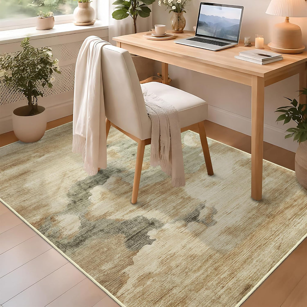 Beige Rug 3x5 Washable Area Rugs for Bedroom Living Room Kitchen Entryway Bedside,Small Modern Marble Abstract Non Slip Carpet