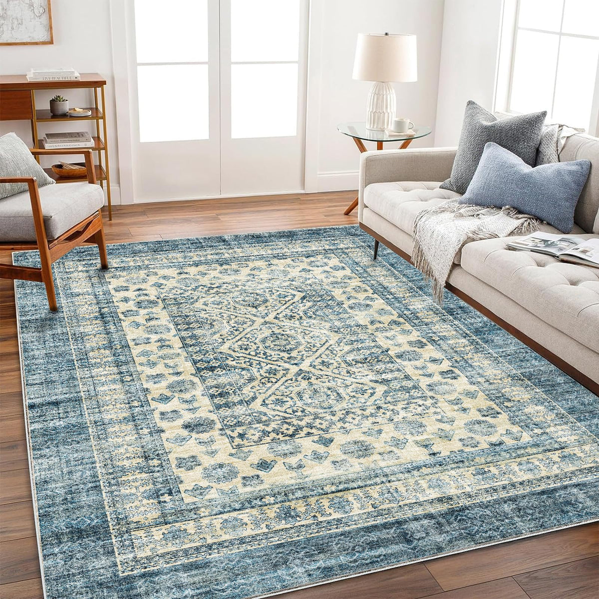 CHAMPLANT Area Rug 4x6 Washable Rug Gray Vintage Traditional Floor Cover Foldable Thin Retro Accent Indoor Distressed Non Slip Carpet Floral Print Mat Bedroom Living Room Bathroom