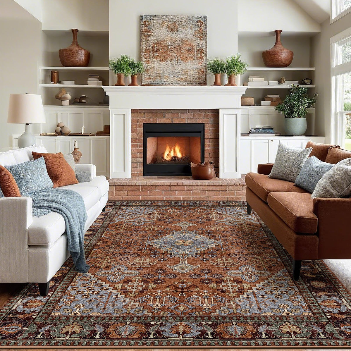 Kokia 9x12 Washable Area Rugs Maroon with Vintage Orient Design, Soft Rug for Living Room or Bedroom, Non-Slip Low Pile Stain Resistance Features, Distressed Medallion Pattern
