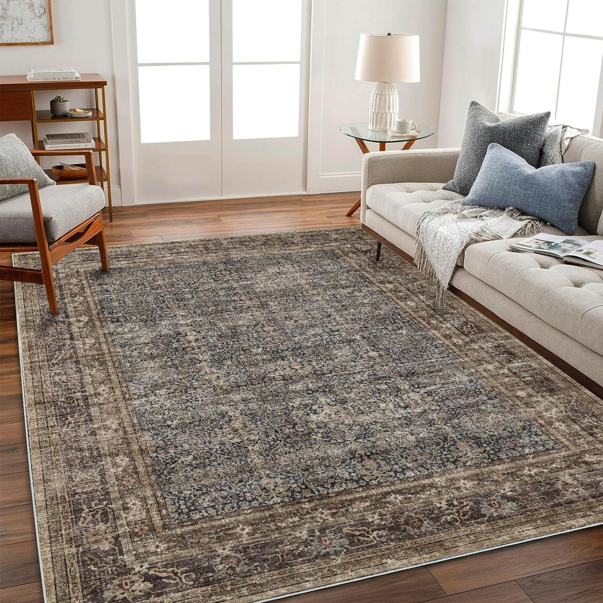 CHAMPLANT Area Rug 4x6 Washable Rug Gray Vintage Traditional Floor Cover Foldable Thin Retro Accent Indoor Distressed Non Slip Carpet Floral Print Mat Bedroom Living Room Bathroom