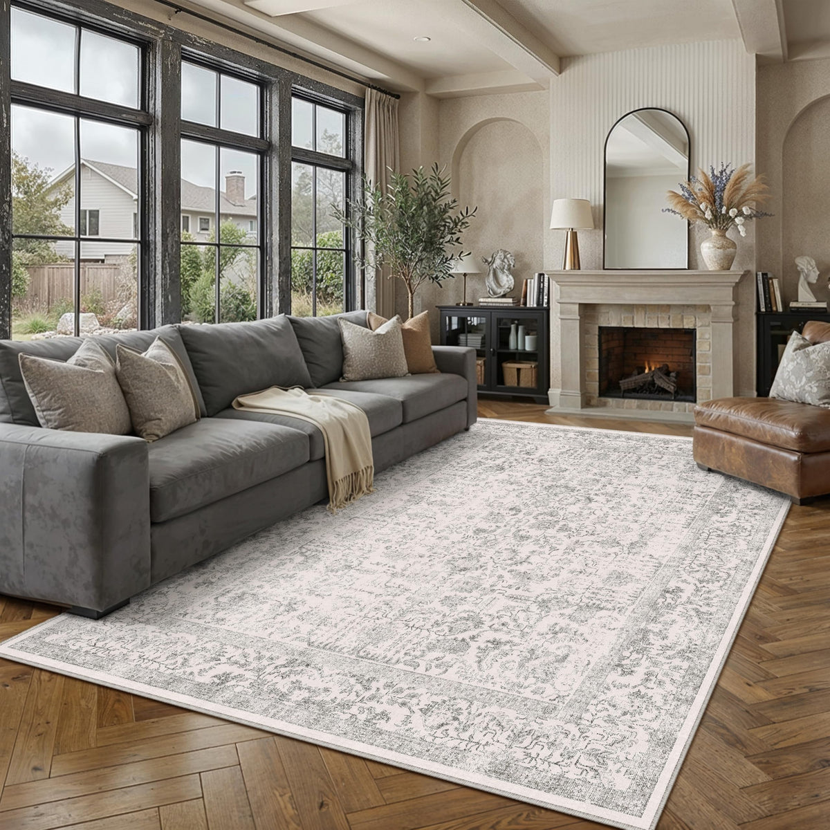 PureCozy Beige Area Rug 5x7 Vintage Farmhouse Floral