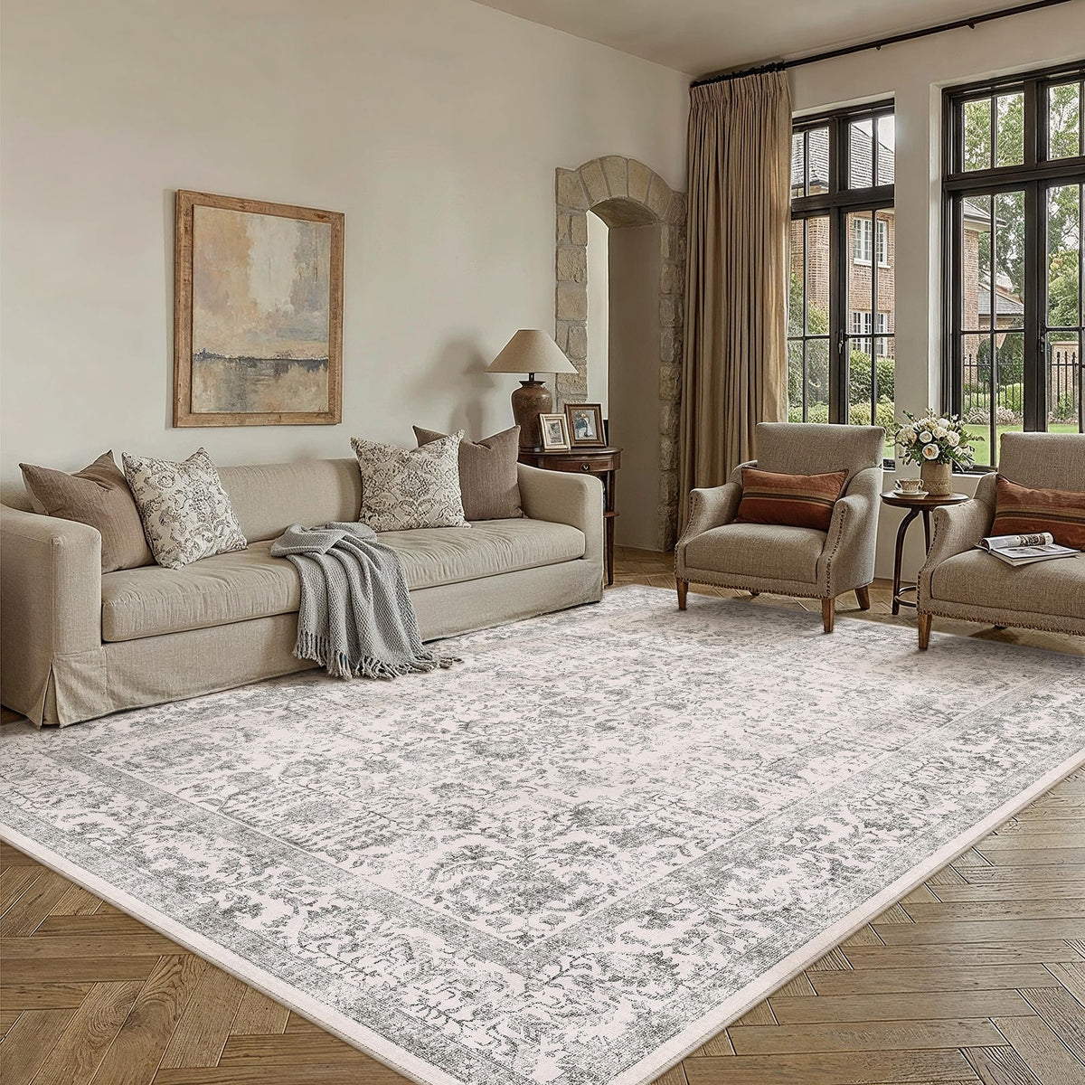 PureCozy Beige Area Rug 5x7 Vintage Farmhouse Floral