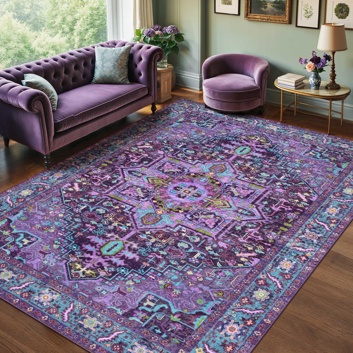 Kokia 9x12 Washable Area Rugs Maroon with Vintage Orient Design, Soft Rug for Living Room or Bedroom, Non-Slip Low Pile Stain Resistance Features, Distressed Medallion Pattern