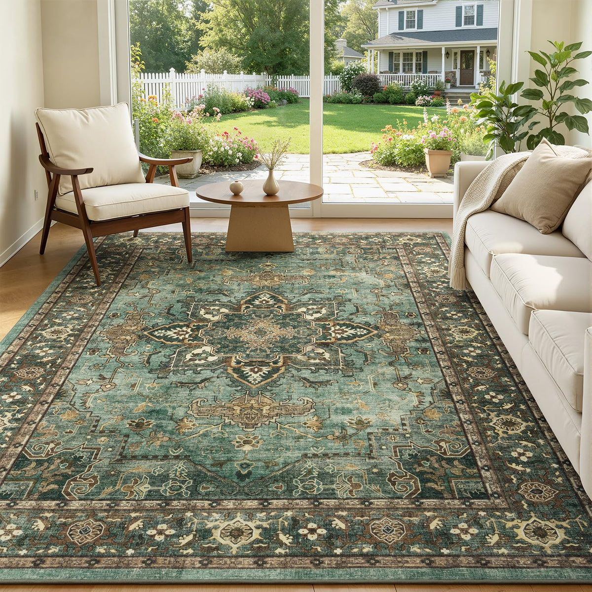 Sage Green 8x10 Area Rug for Living Room, Vintage Boho Large Carpet