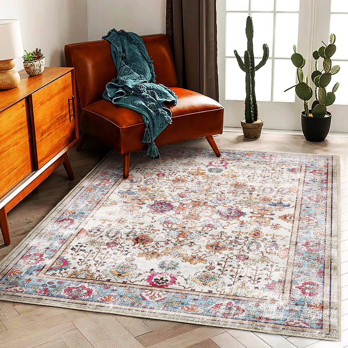 CHAMPLANT Area Rug 4x6 Washable Rug Gray Vintage Traditional Floor Cover Foldable Thin Retro Accent Indoor Distressed Non Slip Carpet Floral Print Mat Bedroom Living Room Bathroom