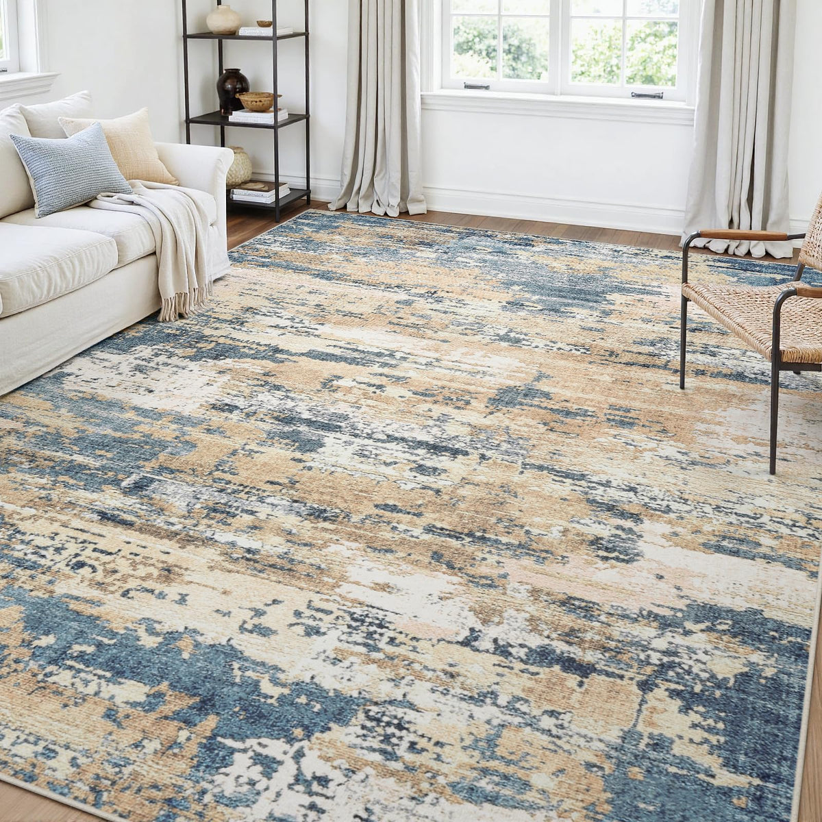 5x7 Area Rugs for Living Room Large Washable Abstract Rug White Gray Blue