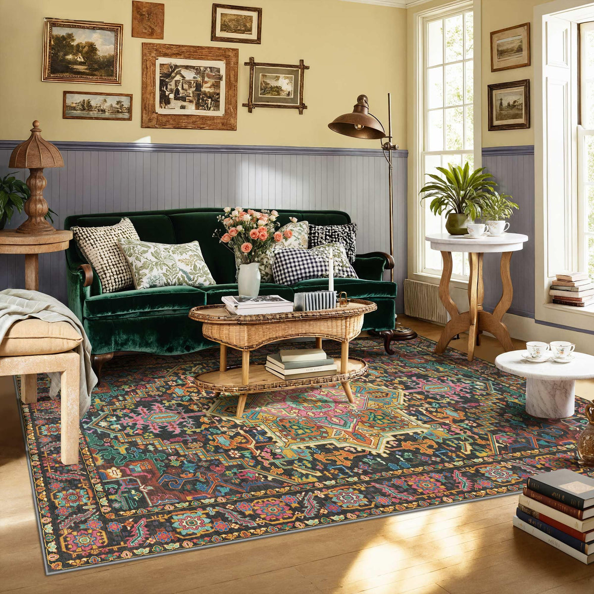 Kokia 9x12 Washable Area Rugs Maroon with Vintage Orient Design, Soft Rug for Living Room or Bedroom, Non-Slip Low Pile Stain Resistance Features, Distressed Medallion Pattern