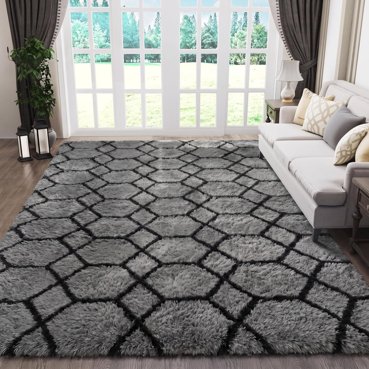 Area Rugs for Bedroom Living Room, 4x6 Fluffy Grey and Black Geometric Rug