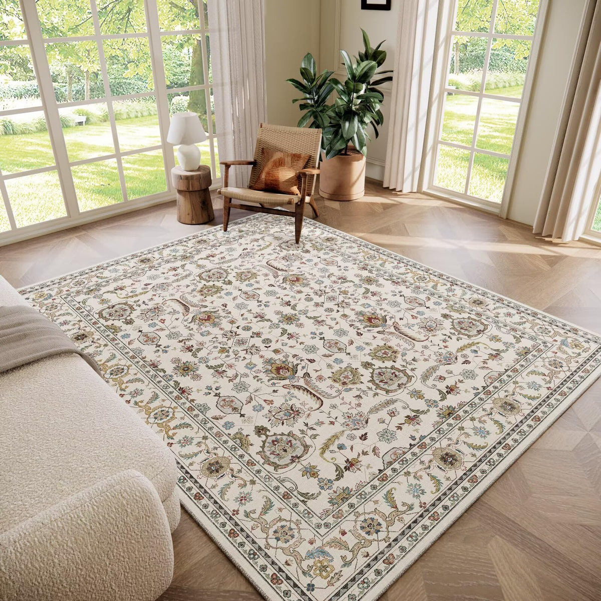 Washable 10x14 Area Rugs for Living Room, Ivory/Sage Gold