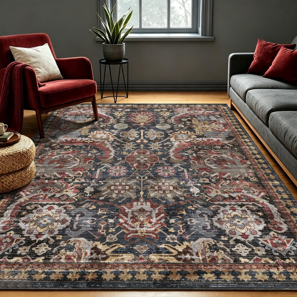 RUGSURE Washable Area Rug - 1/6 Thick - Stain & Water Resistant Non-Slip - Resistant Rug for Living Room, Bedroom, Nursery, Pet & Child Friendly, Vintage Charm Area Rugs (Grey+LightTeal, 3' x 5 ')