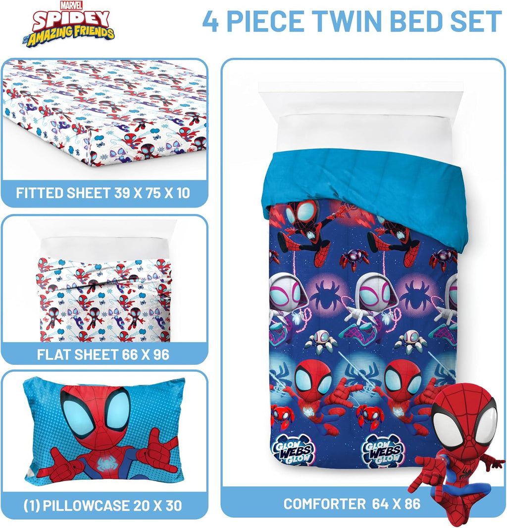 Jay Franco Marvel Spidey & His Amazing Friends Twin Size Comforter Set - 4 Piece Includes Sheet Set, Pillow Covers & Bonus Duffle Bag - Super Soft Kids Bedding with Ghost Spider and Miles Morales