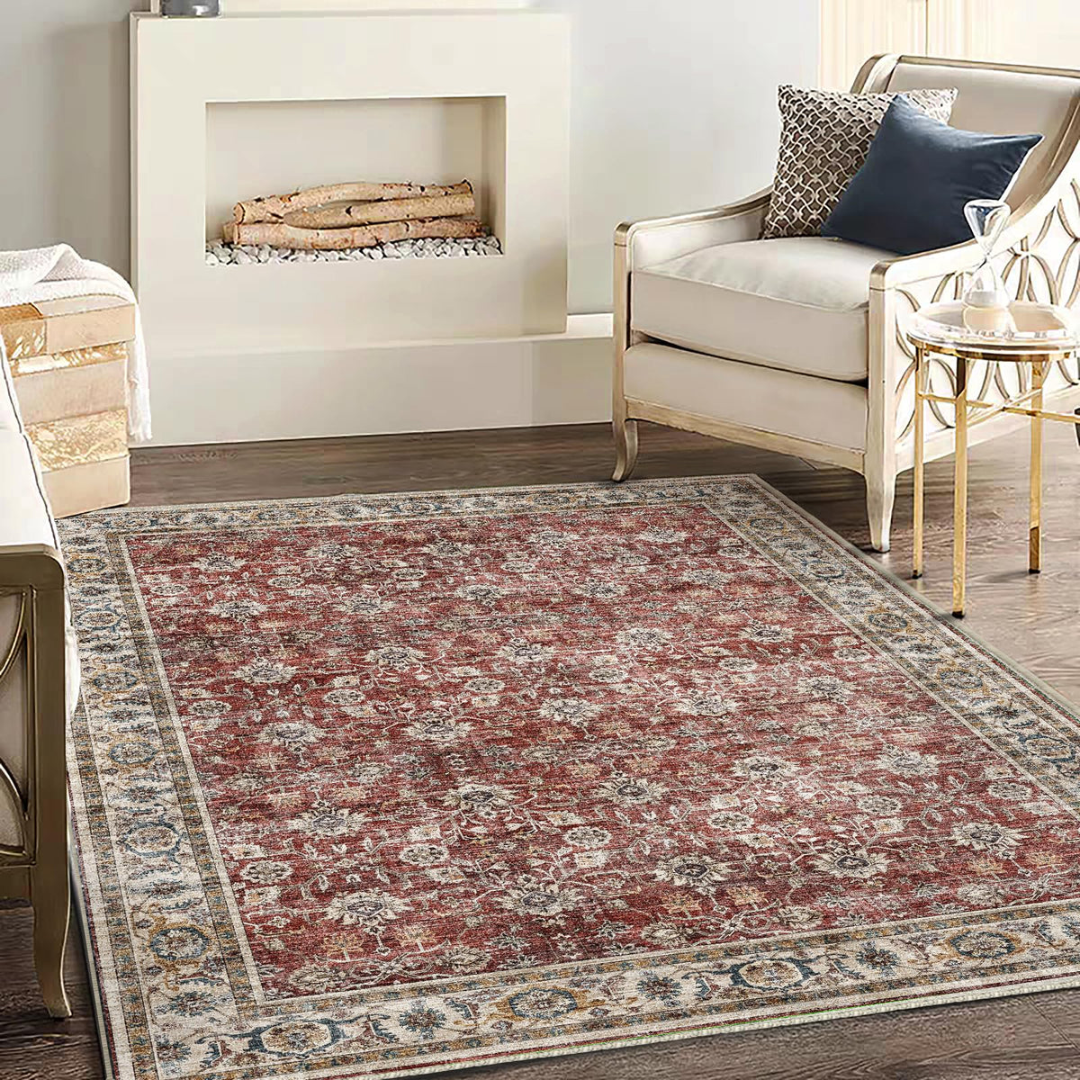 CHAMPLANT Area Rug 4x6 Washable Rug Gray Vintage Traditional Floor Cover Foldable Thin Retro Accent Indoor Distressed Non Slip Carpet Floral Print Mat Bedroom Living Room Bathroom