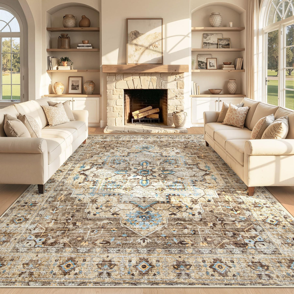Area Rug 5x7 Vintage Rug: Washable Indoor Medallion Rugs Low Pile Distressed Floor Carpet Retro Accent Rug for Living Room Bedroom Kitchen Dining Table Home Office(Beige, 5'x7')
