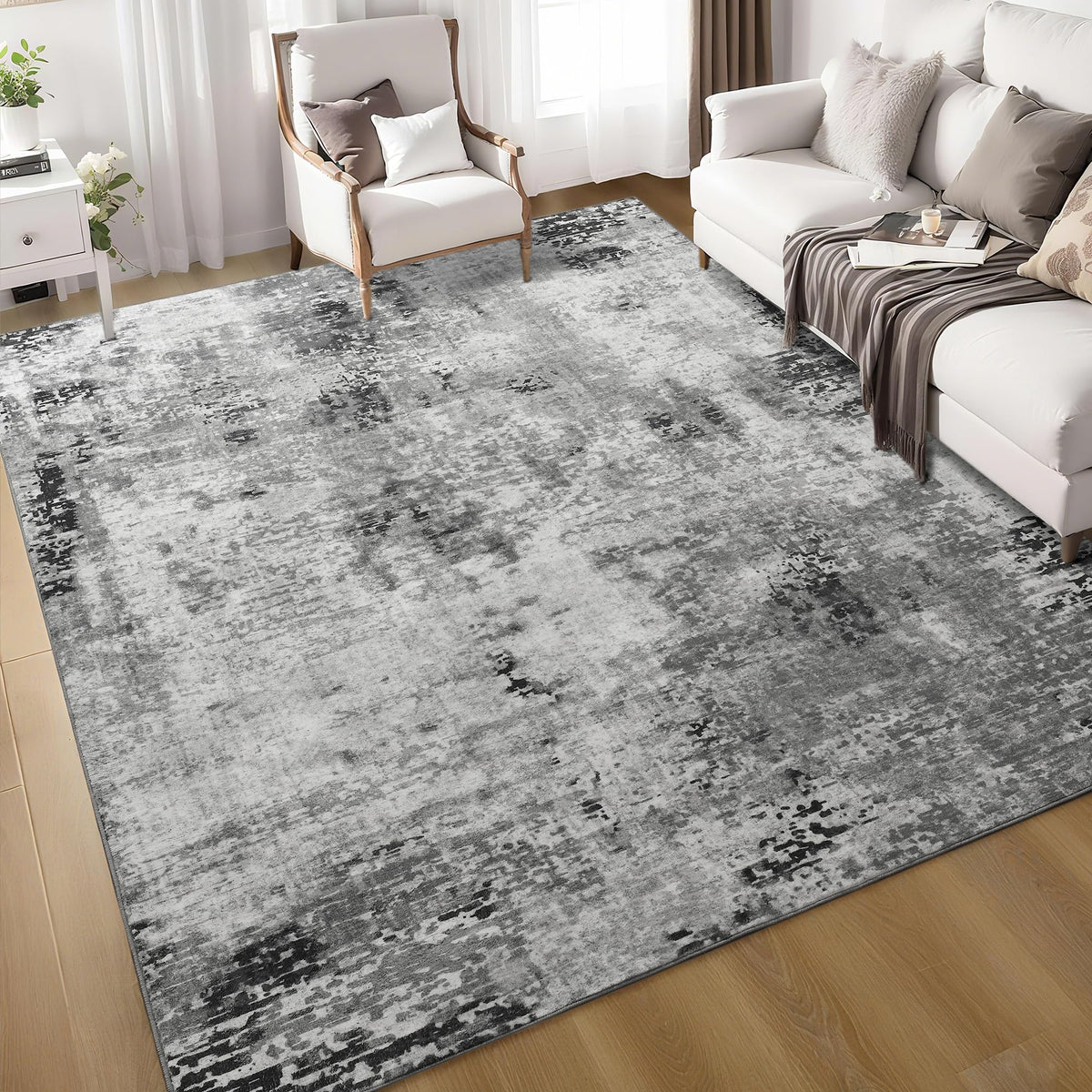 Living Room Rug 5x7 Gray Area Rug Machine Washable Boho Rug Non Slip Abstract Vintage Indoor Large Rugs for Bedroom, Classroom, College Dorm, Farmhouse, Dining Room, Kids Playroom